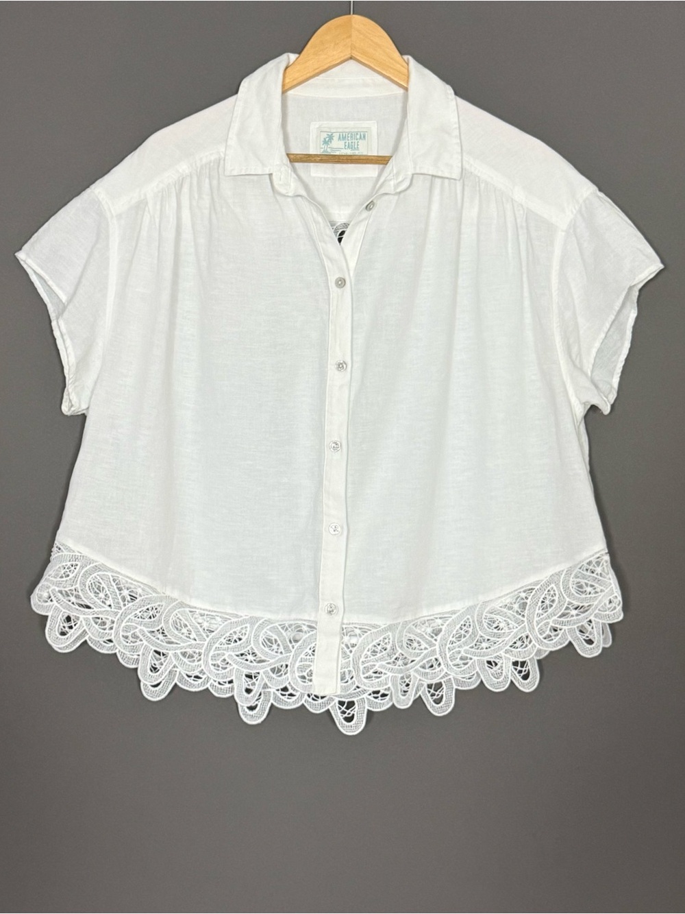 American Eagle Oversized Lace Hem Cotton Linen Blouse White M Boho Bohemian